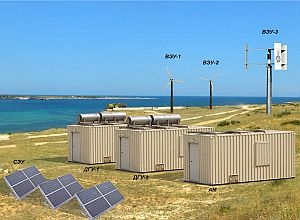 Ветрогенераторы + солнечные батареи + дизель–генераторы + мини–ГЭС + ИБП